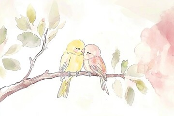 Two colorful lovebirds perched on a branch, soft watercolor background.