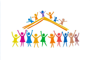 A simple line art of happy people in the shape of an outline house roof with arms outstretched.