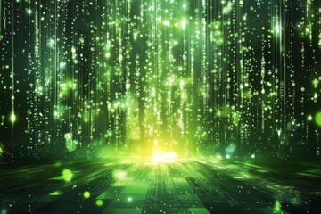 Abstract green background with glowing particles and light streaks, creating a futuristic and digital feel.