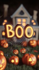 Canvas Print - Halloween Boo with Jack-o'-Lantern and Cobwebs.