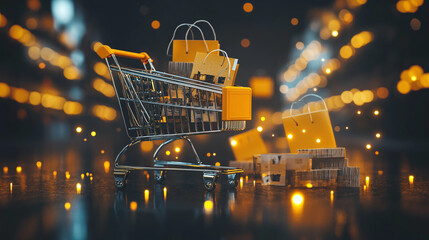 black friday sale with dark background and bright yellow discount tags, shopping carts filled with p