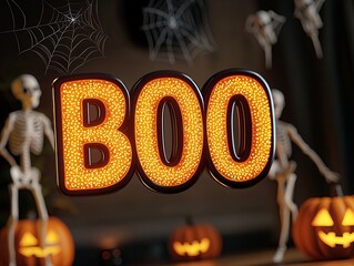 Sticker - 3D Halloween BOO with glowing lights and pumpkins.