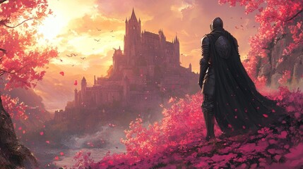 A valiant knight in shining armor, standing before a pink castle hidden behind a wall of vibrant, blossoming flowers, illuminated by golden sunset rays, Fantasy, Digital painting