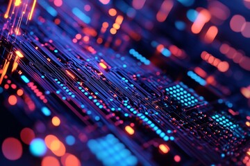 Poster - Close-up of a glowing circuit board with red and blue lights.