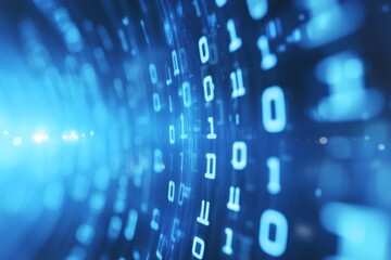 Fototapete - Abstract blue background with binary code swirling in a futuristic tunnel.
