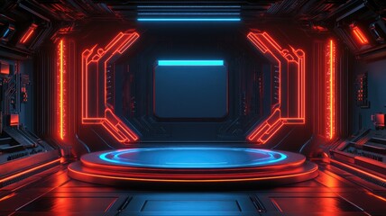 Futuristic Red and Blue Neon Lit Platform in a Dark Room