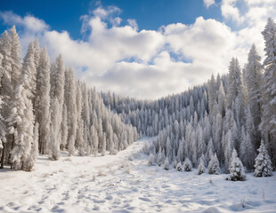 A forest of pine trees that grow in rows at different heights when snow falls. Some trees are covered with thick snow and the ground is completely covered with snow in winter