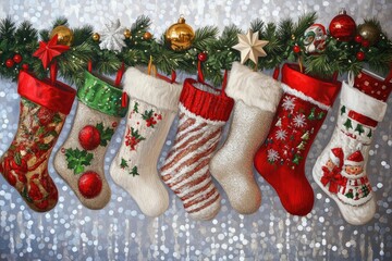 Wall Mural - Christmas Stockings Hanging From a Garland