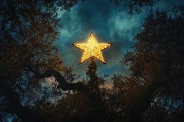 Sticker - Illuminated Star on a Treetop with Silhouette Trees and Blue Sky