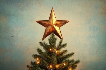 Wall Mural - A Gold Star Topped Christmas Tree With Lights