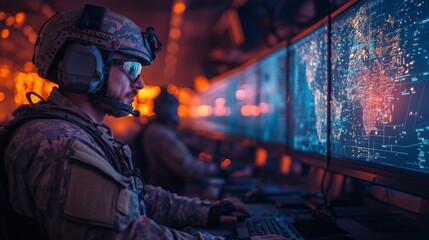 Leinwandbilder - A soldier monitors multiple digital screens in a high-tech command center, focusing on critical data and map visuals during a nighttime operation.