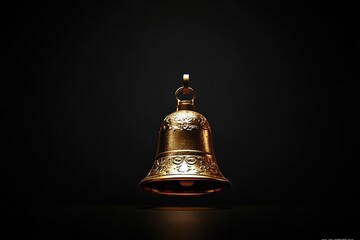 Poster - A Gold Bell with Intricate Carvings Suspended Against a Black Background