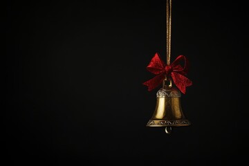 Canvas Print - Gold Christmas Bell with Red Bow on Black Background