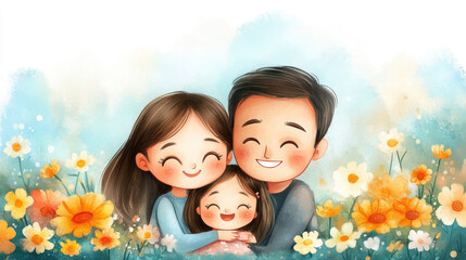 Wall Mural - A happy family embracing in the wilderness, illustrated