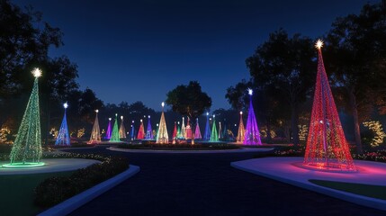 Colorful illuminated Christmas trees in a festive night landscape.