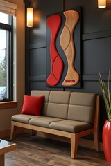 Poster - A contemporary bench with a neutral tone sits against a dark wall featuring bold, abstract artwork. The cozy space is accented with natural light from nearby windows and decorative plants.