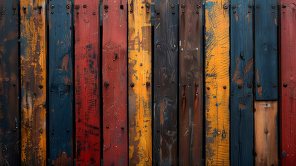 Poster - Vibrantly painted wooden planks create a textured backdrop, featuring hues of red, blue, yellow, and brown. The rustic appearance highlights the artisanal quality of the wooden surface.