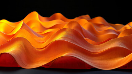 Poster - The vibrant orange fabric flows gracefully in undulating waves, illuminated beautifully against a dark backdrop, creating a striking contrast that draws the eye and evokes a sense of movement.