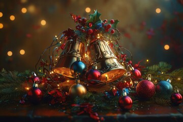 Sticker - Golden Christmas Bells Adorned with Holly and Ornaments