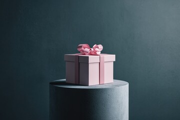 Wall Mural - Pink Gift Box with Ribbon on a Gray Cylinder