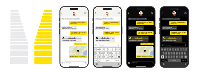 Poster - Smartphone Messenger Chat: SMS Template Bubbles, Voice Messages, and GPS Location Sharing. Vector Illustration.