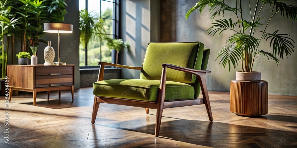 Modern Club Chair in Olive Green Fabric and Dark Walnut Wood Frame, Stylish Interiors, Clean Lines, Airy Atmosphere, Contemporary Design, Elegant Home Decor, Sophisticated Living Spaces