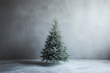 Canvas Print - A Frosted Evergreen Tree Against a Gray Wall