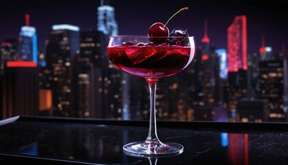 Wall Mural - Red Cocktail with Cherry Garnish on Rooftop Bar with City Skyline View