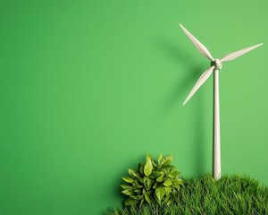 A miniature wind turbine stands on lush greenery against a vibrant green background, symbolizing renewable energy and environmental sustainability.