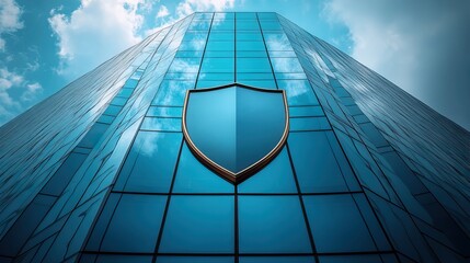Poster - glass building with shield symbol representing iot security and protection.stock image