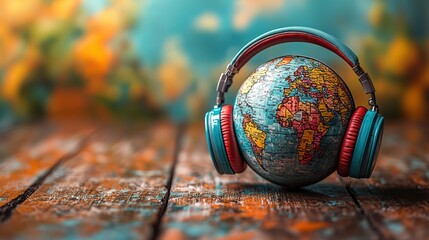 Poster - globe adorned with headphones symbolizing global music connection and universal enjoyment of melodie