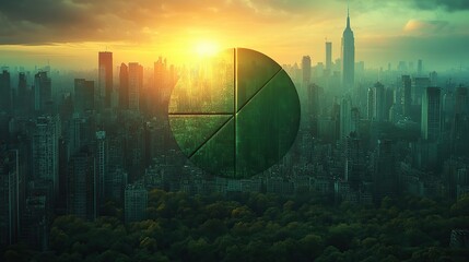 Poster - green pie chart overlaying an urban cityscape symbolizing social research community analysis and dat driven insights