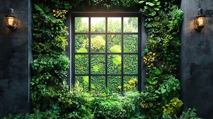 Poster - green wall in an office building with lush plants and natural sunlight enhancing aesthetics and air quality.illustration