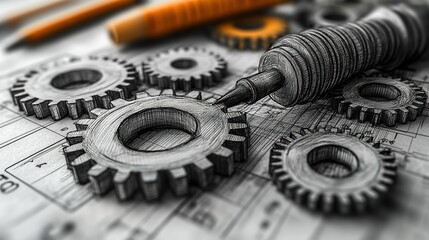 Fototapete - hand drawn doodle of machine with gears symbolizing the concept of functions in programming ideal for illustrating coding software development and algorithm concepts.image