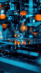 Poster - A machine is making a small object out of a clear material. The object is in the center of the image and is surrounded by a blue background. The machine is surrounded by other machines and lights
