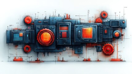 Poster - hand drawnof machine with gears symbolizing the concept of functions in programming ideal for educational content on coding and software development.illustration