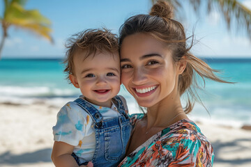 Poster - Mother holding child on beach vacation