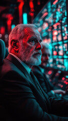 Poster - A man in a suit is looking at a computer screen. The image has a futuristic feel to it, with the man's suit and tie giving off a professional vibe. The computer screen is filled with various icons