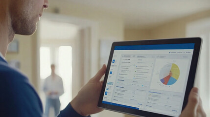 Poster - A man is holding a tablet and looking at a pie chart. The chart is colorful and has a lot of data. The man seems to be analyzing the data on the screen
