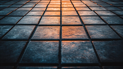 Poster - A black and white photo of a tiled floor with a yellowish tint. The photo is of a tiled floor with a yellowish tint, and it is a very clean and well-maintained surface