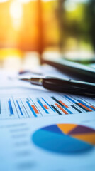 Poster - A set of graphs and a pen are on a table. The graphs are colorful and the pen is black. Scene is professional and focused