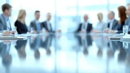 Poster - A group of people are sitting around a table in a conference room. The table is covered with papers and cups. The people are dressed in business attire and appear to be engaged in a meeting