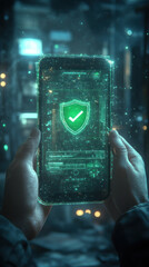 Poster - A person is holding a phone with a green shield on it. The shield is glowing and the phone is lit up. Concept of security and protection