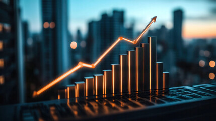 Poster - A graph with a line going up and a city in the background. The graph is orange and the city is lit up