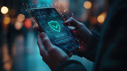 Poster - A person is holding a cell phone with a green shield on it. The shield is glowing and he is a security feature