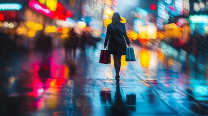 A person is walking alone along a bustling street at night, clutching brightly colored shopping bags. The surrounding lights create a dazzling, blurred effect, capturing the excitement of urban life.