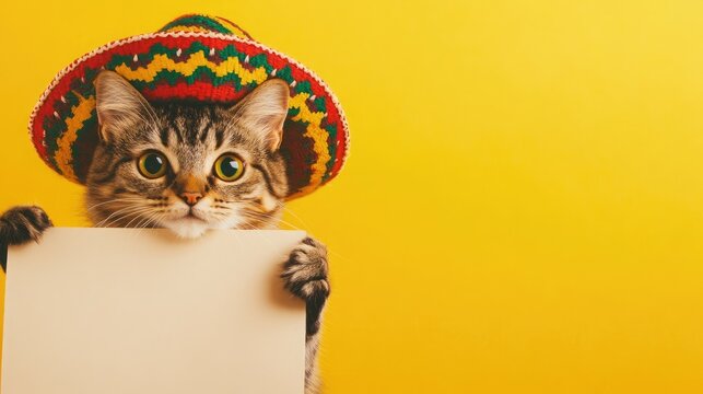 a cat holding a blank sign dressed in mexican sombrero hat and clothing