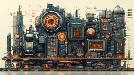 Fototapete - depicting the concept of function in programming featuring machine with cogs and wheels presented in stylized doodle drawing ideal for educational and tech content