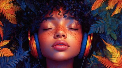 Poster - person with headphones surrounded by plants symbolizing relaxation and stress relief through music and nature.stock image