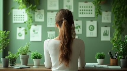 Poster - woman at desk with sustainable finance symbols like graphs plants and eco friendly icons representing green investments and responsible financial practices